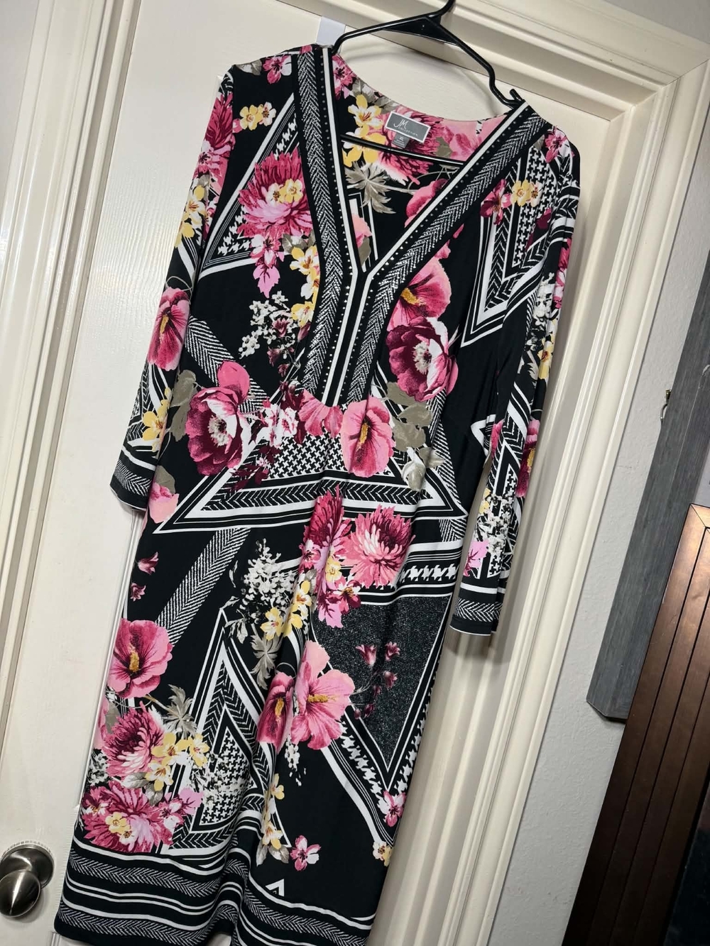 JM Collection Black Floral V-Neck Midi Dress with Pink & Yellow Flowers